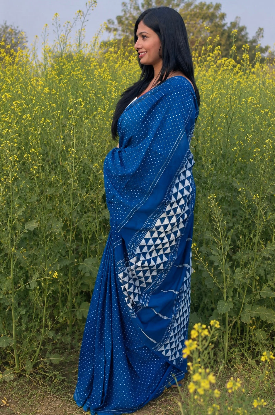 Niyati natural dye indigo cotton saree with traditional dabu mud-resist print from Vasaka Jaipur
