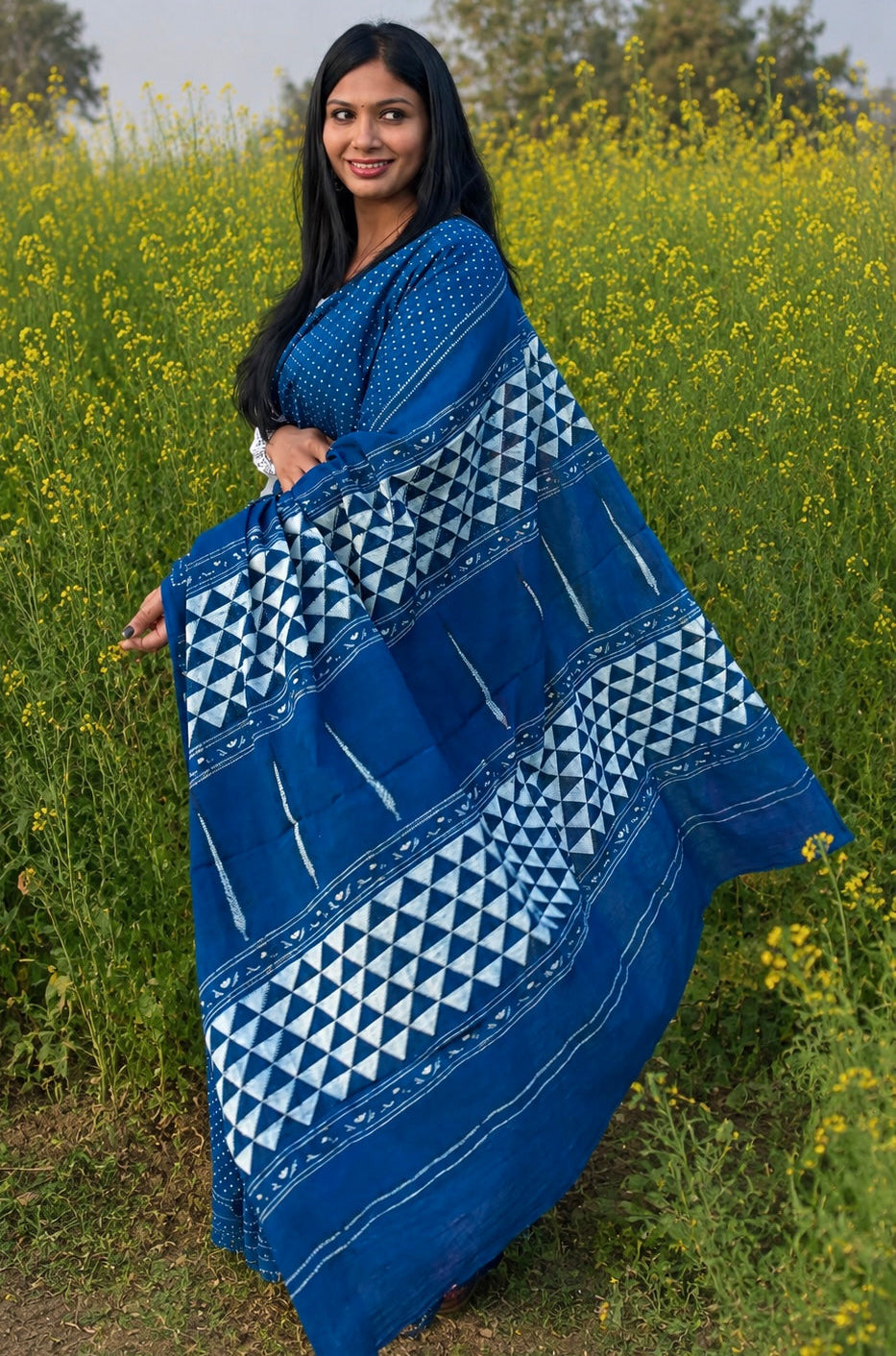 Niyati natural dye indigo cotton saree with traditional dabu mud-resist print from Vasaka Jaipur
