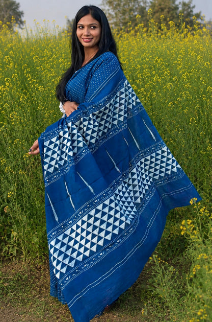 Niyati natural dye indigo cotton saree with traditional dabu mud-resist print from Vasaka Jaipur