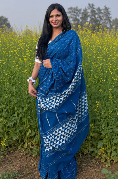 Niyati natural dye indigo cotton saree with traditional dabu mud-resist print from Vasaka Jaipur