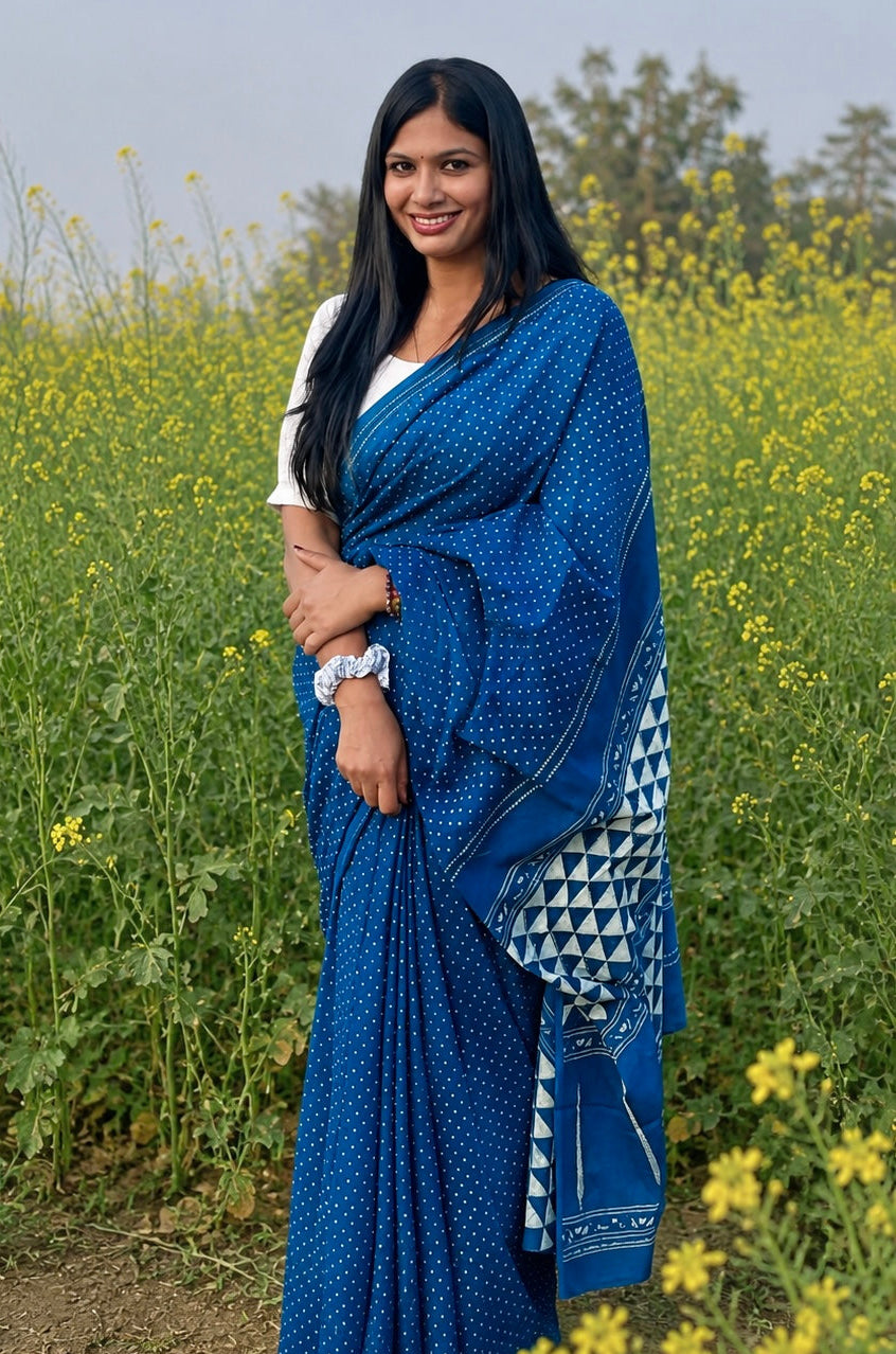 Niyati natural dye indigo cotton saree with traditional dabu mud-resist print from Vasaka Jaipur