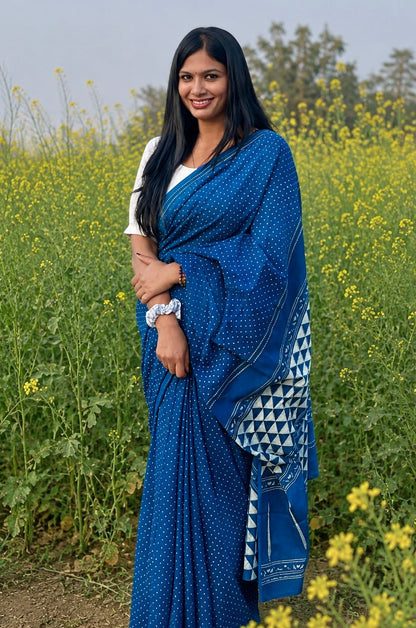 Niyati natural dye indigo cotton saree with traditional dabu mud-resist print from Vasaka Jaipur