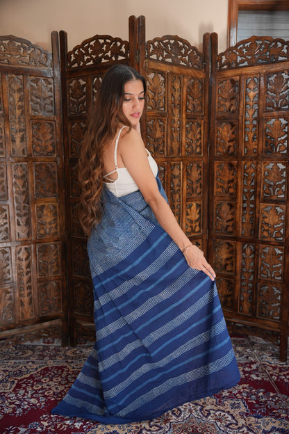 Nupur traditional geometric pattern hand block printed natural indigo blue cotton saree from Vasaka Jaipur