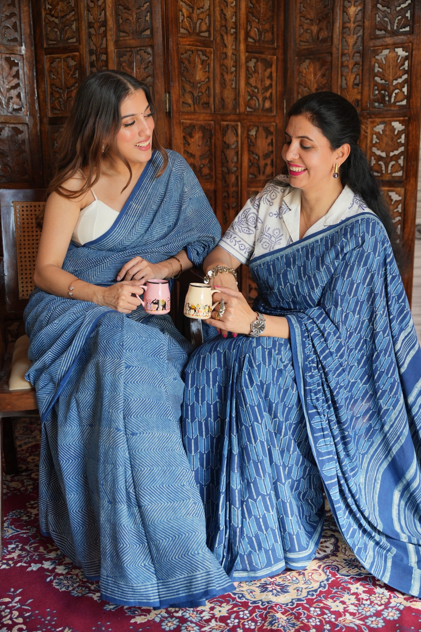 Nupur traditional geometric pattern hand block printed natural indigo blue cotton saree from Vasaka Jaipur