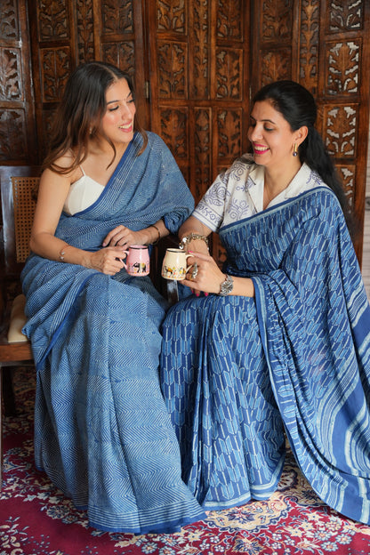 Nupur traditional geometric pattern hand block printed natural indigo blue cotton saree from Vasaka Jaipur