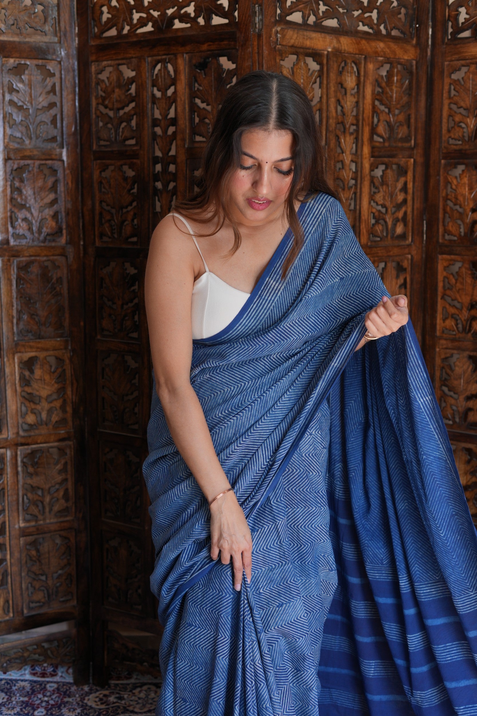 Nupur traditional geometric pattern hand block printed natural indigo blue cotton saree from Vasaka Jaipur