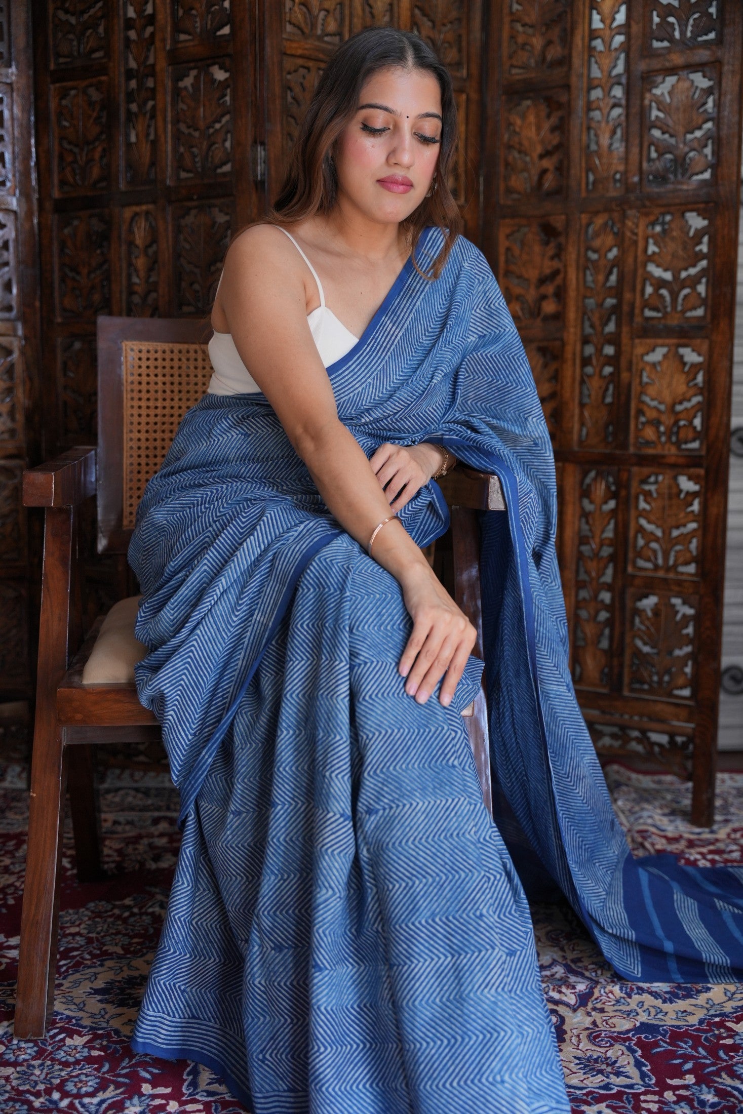 Nupur traditional geometric pattern hand block printed natural indigo blue cotton saree from Vasaka Jaipur